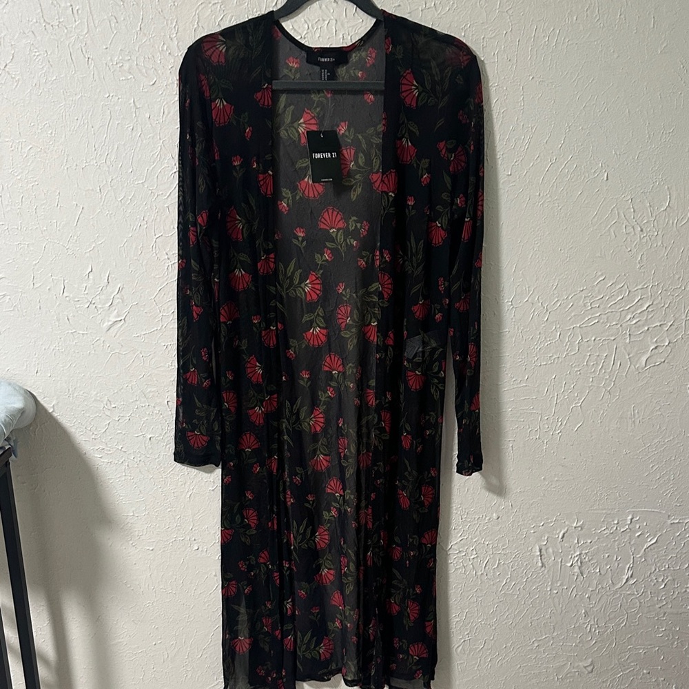 Forever 21 Black Floral Sheer Kimono